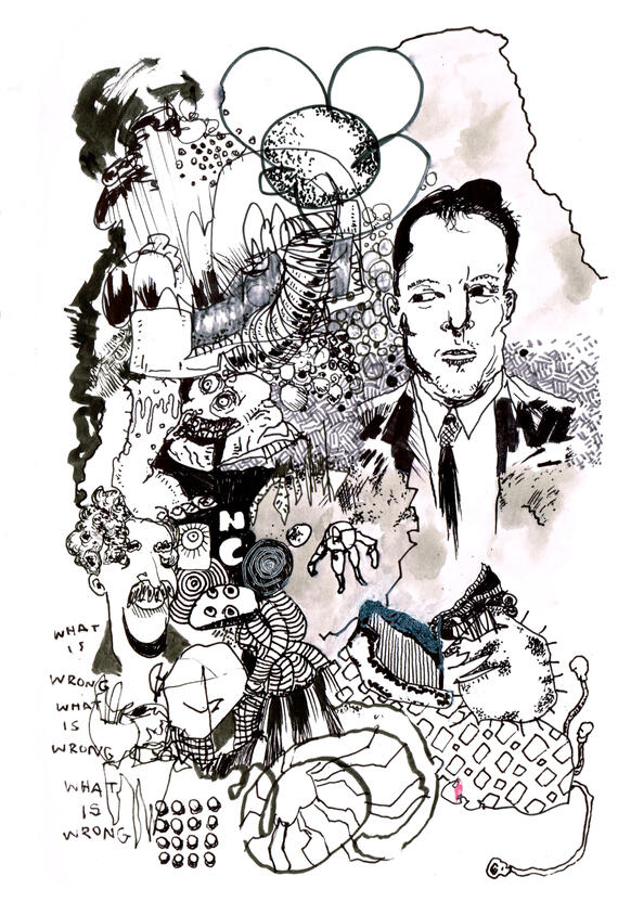Untitled ink, markers, watercolour on paper, sketchbook style drawing with expressive ink lines, distorted figures, overlapping shapes, colours and experimental forms.