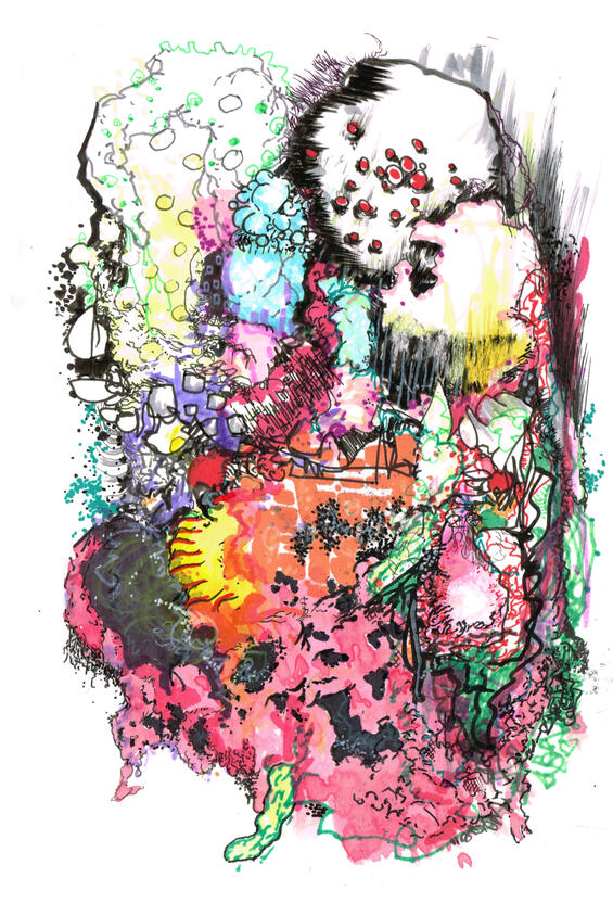 ink, markers, watercolour on paper, sketchbook style drawing with expressive ink lines, distorted figures, overlapping shapes, colours and experimental forms.