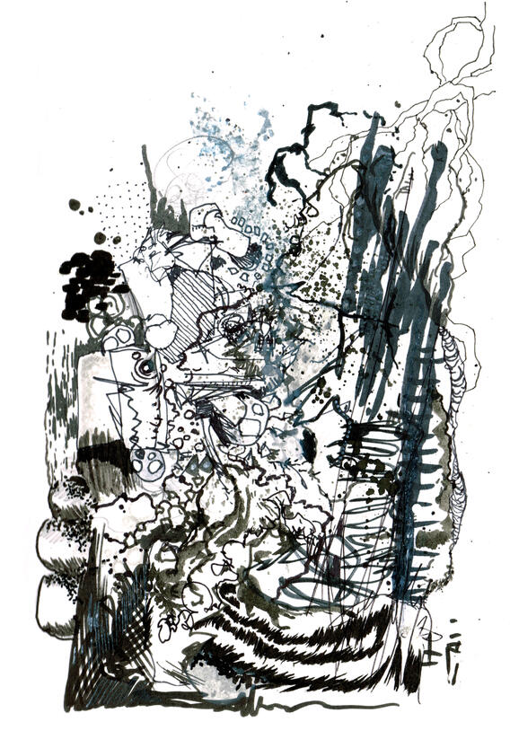 ink, markers, watercolour on paper, sketchbook style drawing with expressive ink lines, distorted figures, overlapping shapes, colours and experimental forms.