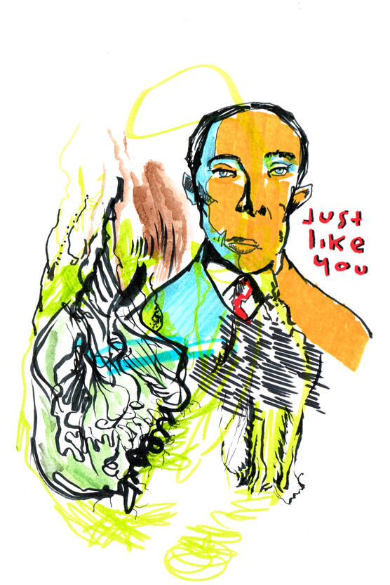 ink, markers, watercolour on paper, sketchbook style drawing with expressive ink lines, distorted figures, overlapping shapes, colours and experimental forms.