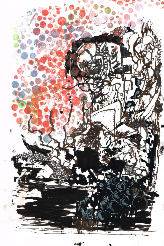 ink, markers, watercolour on paper, sketchbook style drawing with expressive ink lines, distorted figures, overlapping shapes, colours and experimental forms.