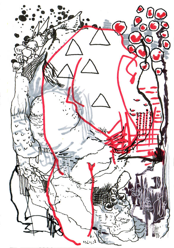 Untitled ink, markers, watercolour on paper, sketchbook style drawing with expressive ink lines, distorted figures, overlapping shapes, colours and experimental forms.