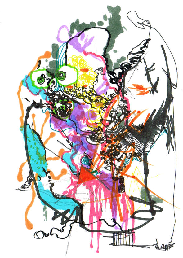 Untitled ink, markers, watercolour on paper, sketchbook style drawing with expressive ink lines, distorted figures, overlapping shapes, colours and experimental forms.