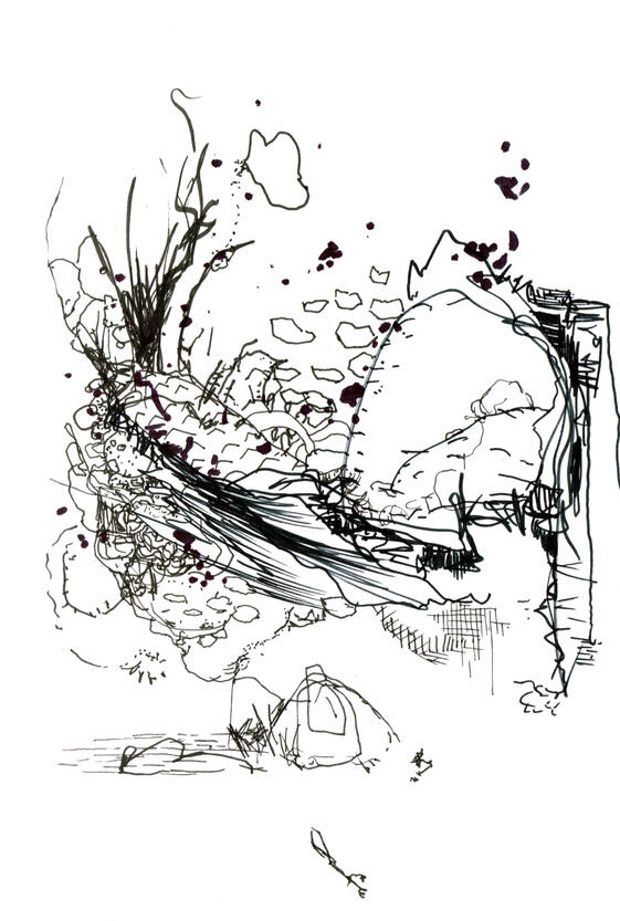 ink, markers, watercolour on paper, sketchbook style drawing with expressive ink lines, distorted figures, overlapping shapes, colours and experimental forms.