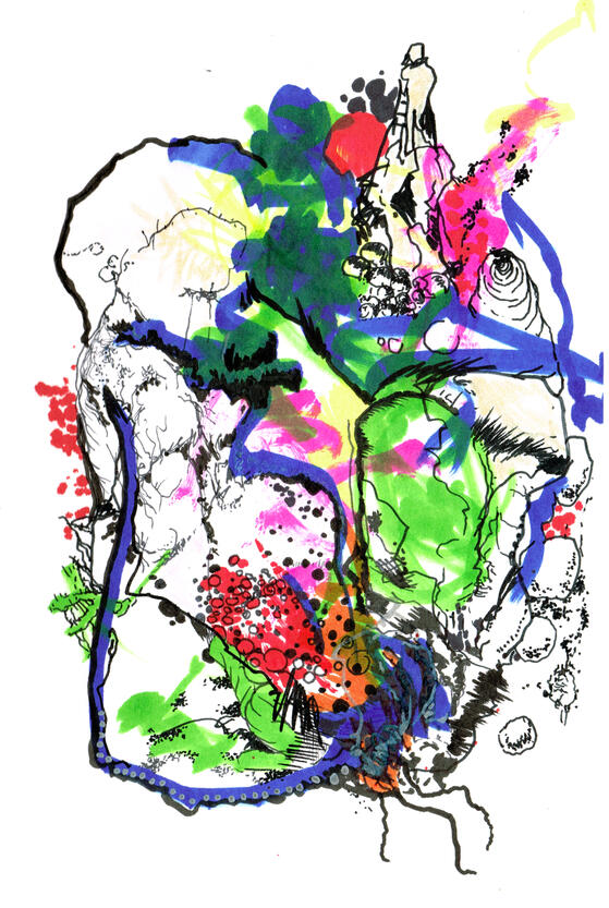 Untitled ink, markers, watercolour on paper, sketchbook style drawing with expressive ink lines, distorted figures, overlapping shapes, colours and experimental forms.