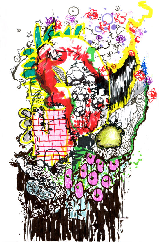 ink, markers, watercolour on paper, sketchbook style drawing with expressive ink lines, distorted figures, overlapping shapes, colours and experimental forms.