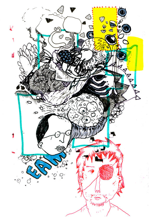 ink, markers, watercolour on paper, sketchbook style drawing with expressive ink lines, distorted figures, overlapping shapes, colours and experimental forms.