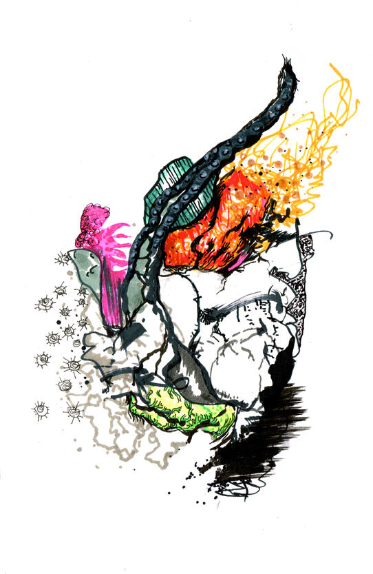 ink, markers, watercolour on paper, sketchbook style drawing with expressive ink lines, distorted figures, overlapping shapes, colours and experimental forms.