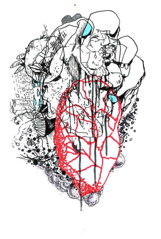 ink, markers, watercolour on paper, sketchbook style drawing with expressive ink lines, distorted figures, overlapping shapes, colours and experimental forms.