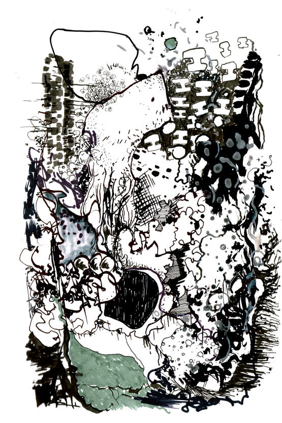 ink, markers, watercolour on paper, sketchbook style drawing with expressive ink lines, distorted figures, overlapping shapes, colours and experimental forms.