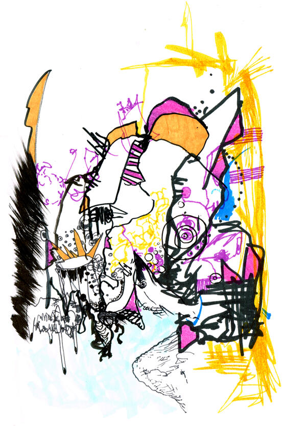 ink, markers, watercolour on paper, sketchbook style drawing with expressive ink lines, distorted figures, overlapping shapes, colours and experimental forms.