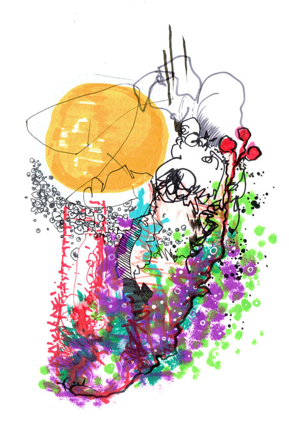 ink, markers, watercolour on paper, sketchbook style drawing with expressive ink lines, distorted figures, overlapping shapes, colours and experimental forms.