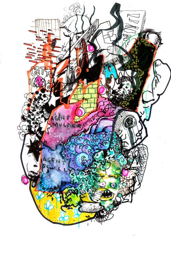 ink, markers, watercolour on paper, sketchbook style drawing with expressive ink lines, distorted figures, overlapping shapes, colours and experimental forms.