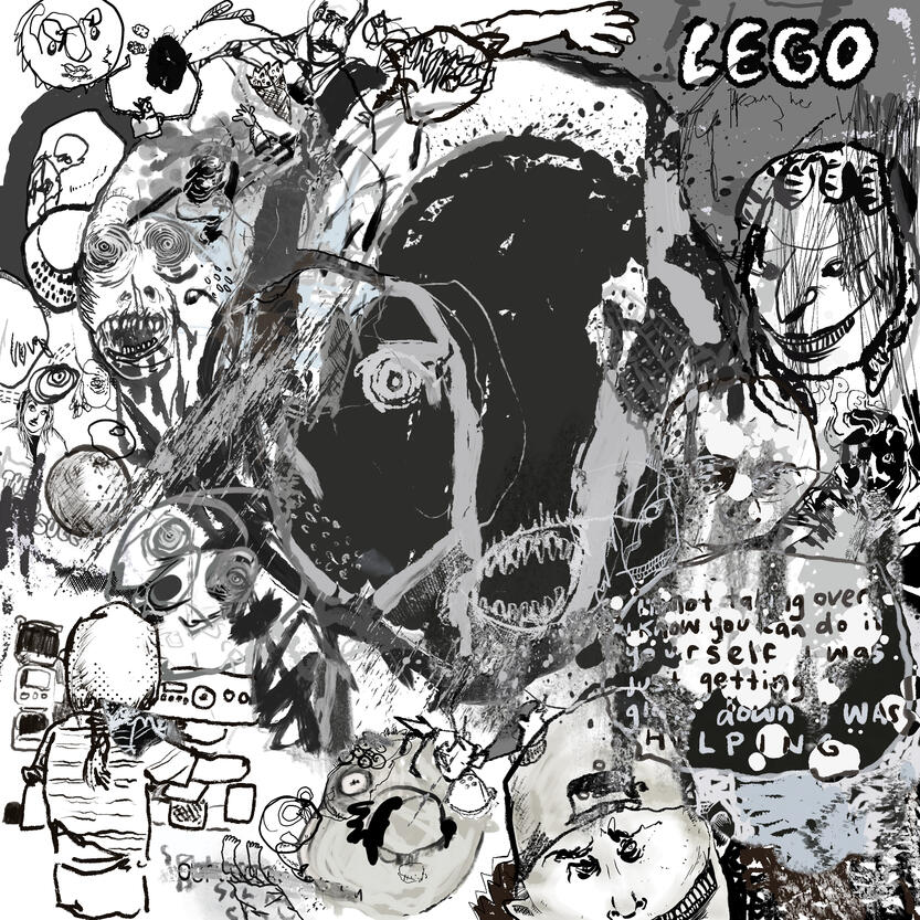 Monochromatic sketchbook style digital drawing with overlapping figures, abstract shapes, chaotic imagery.
