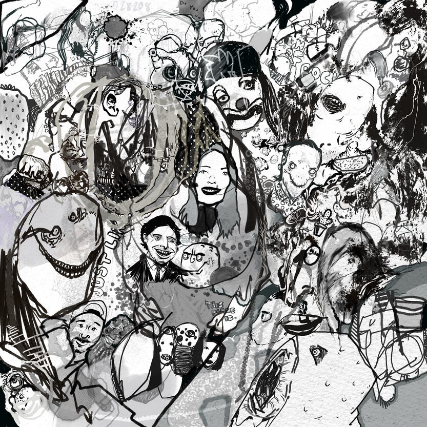 Monochromatic sketchbook style digital drawing with overlapping figures, abstract shapes, chaotic imagery.