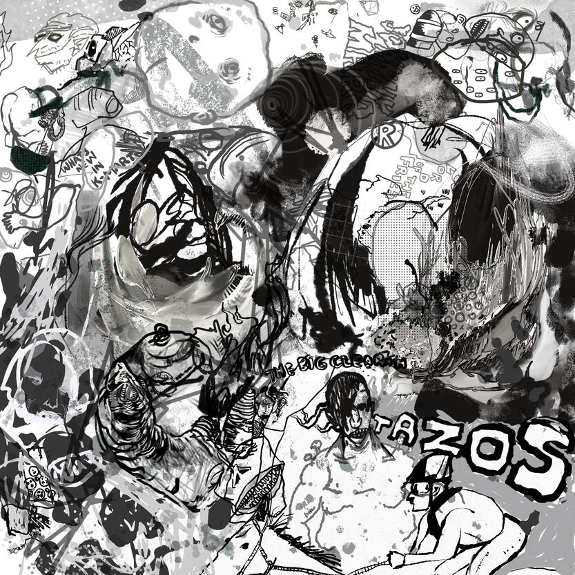 Monochromatic sketchbook style digital drawing with overlapping figures, abstract shapes, chaotic imagery.