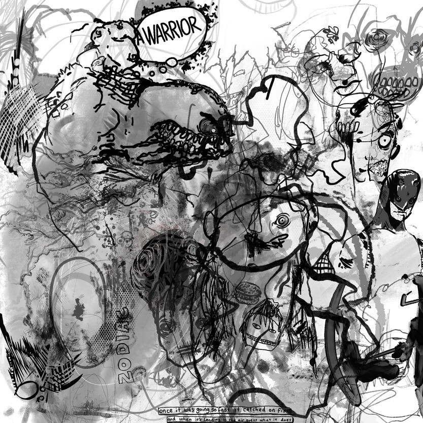 Monochromatic sketchbook style digital drawing with overlapping figures, abstract shapes, chaotic imagery.